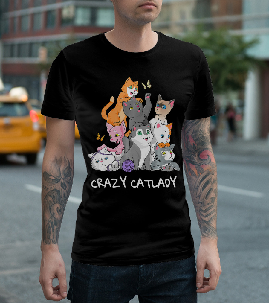 Crazy Catlady Multicolored Kittens With Butterflies T-Shirt