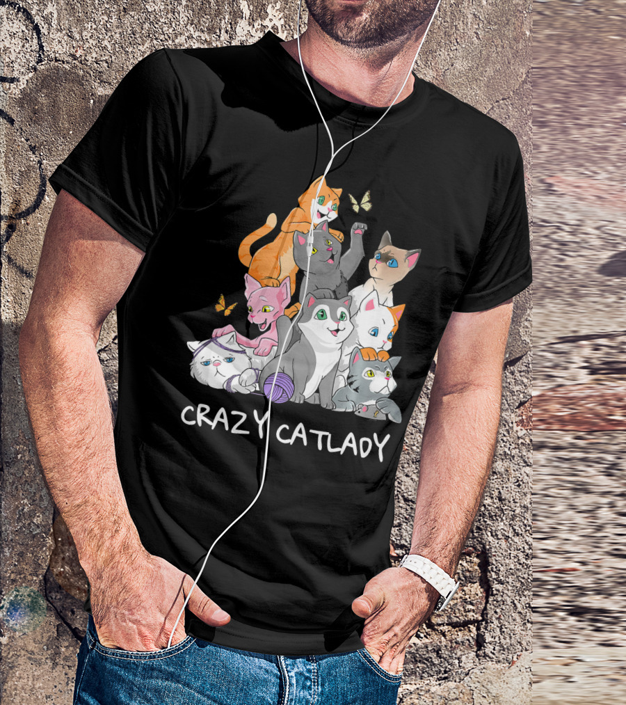 Crazy Catlady Multicolored Kittens With Butterflies T-Shirt