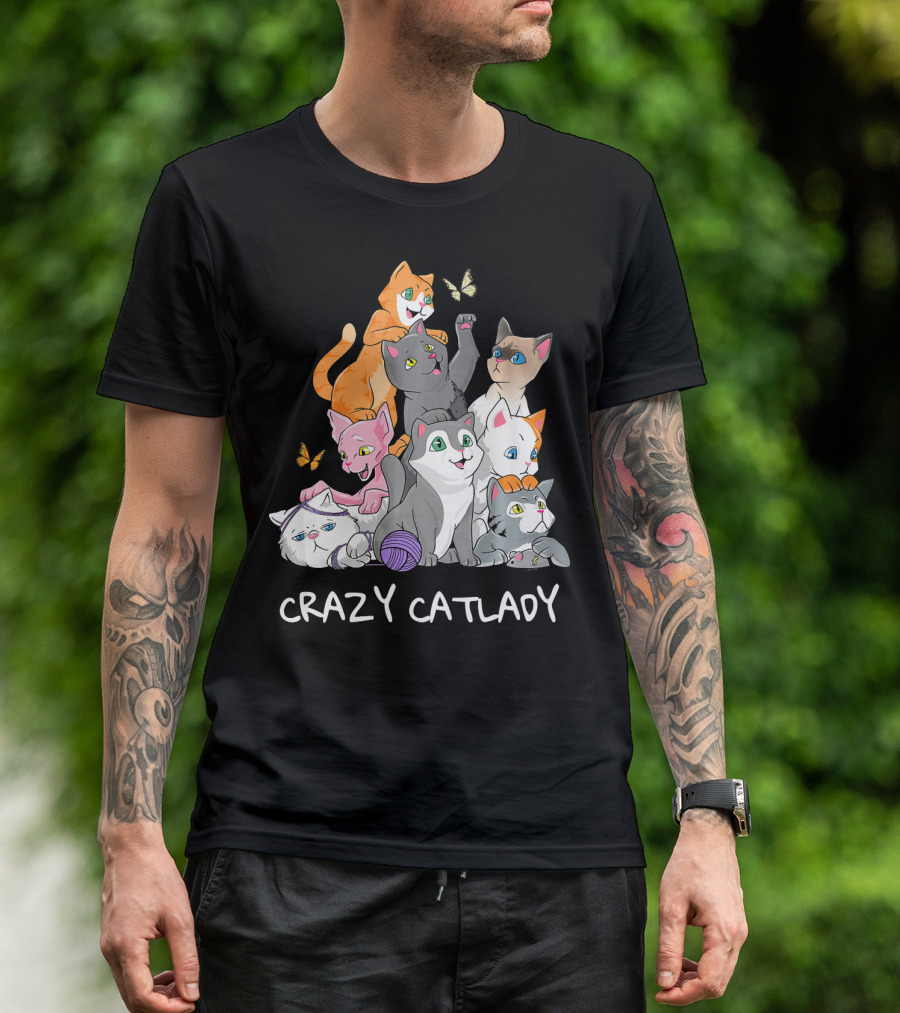 Crazy Catlady Multicolored Kittens With Butterflies T-Shirt