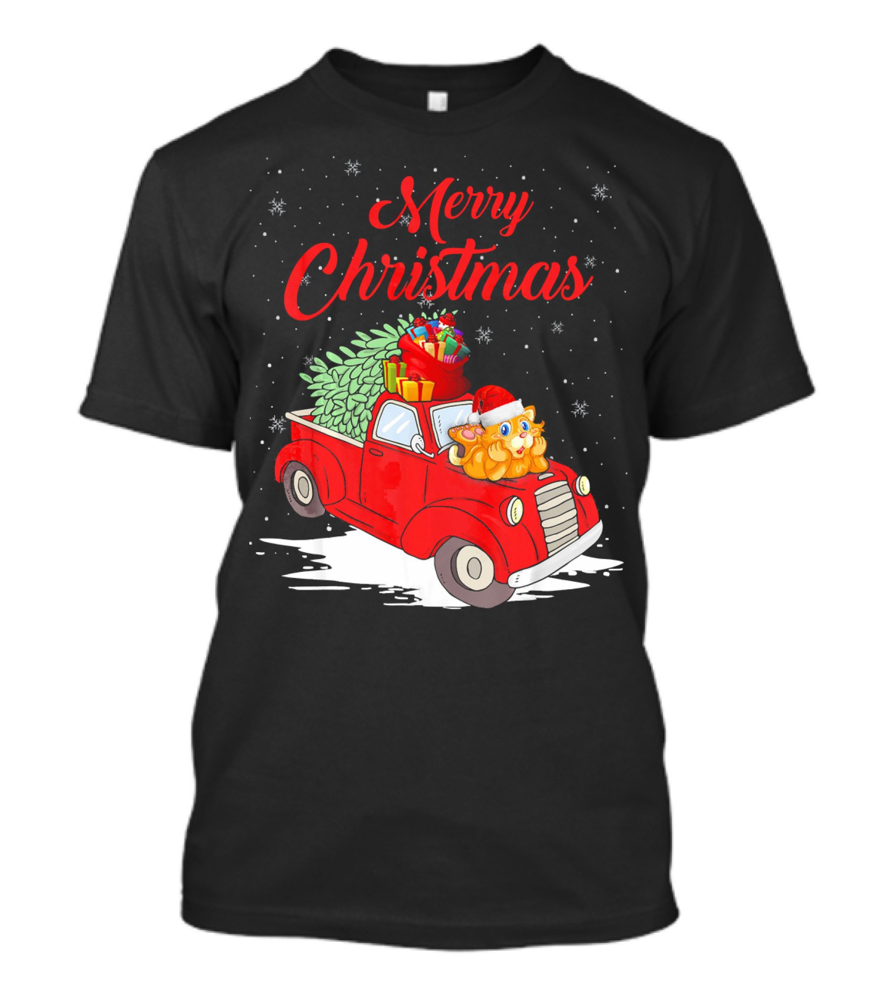 Merry Christmas Cute Cat On Red Truck With Gifts And Snowflakes T-Shirt