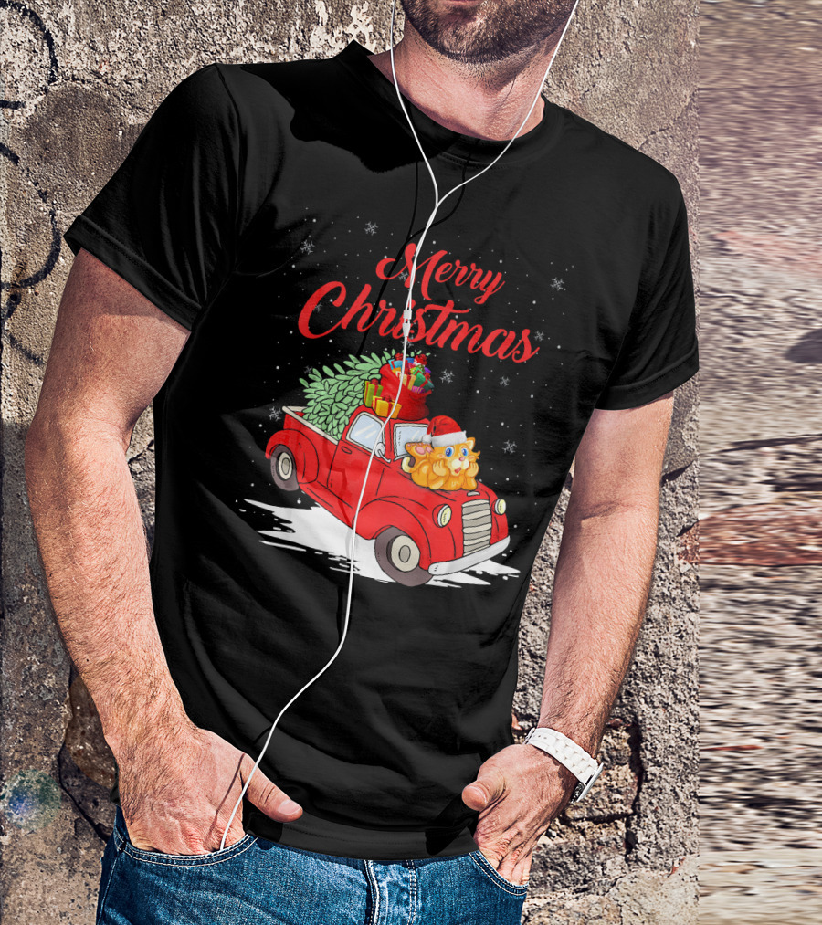 Merry Christmas Cute Cat On Red Truck With Gifts And Snowflakes T-Shirt