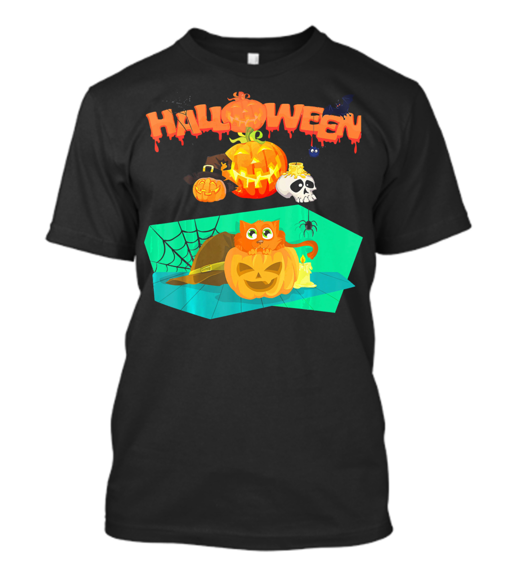 Halloween Orange Cat Kitty Kitten Hiding With Pumpkins And Spiderweb T-Shirt