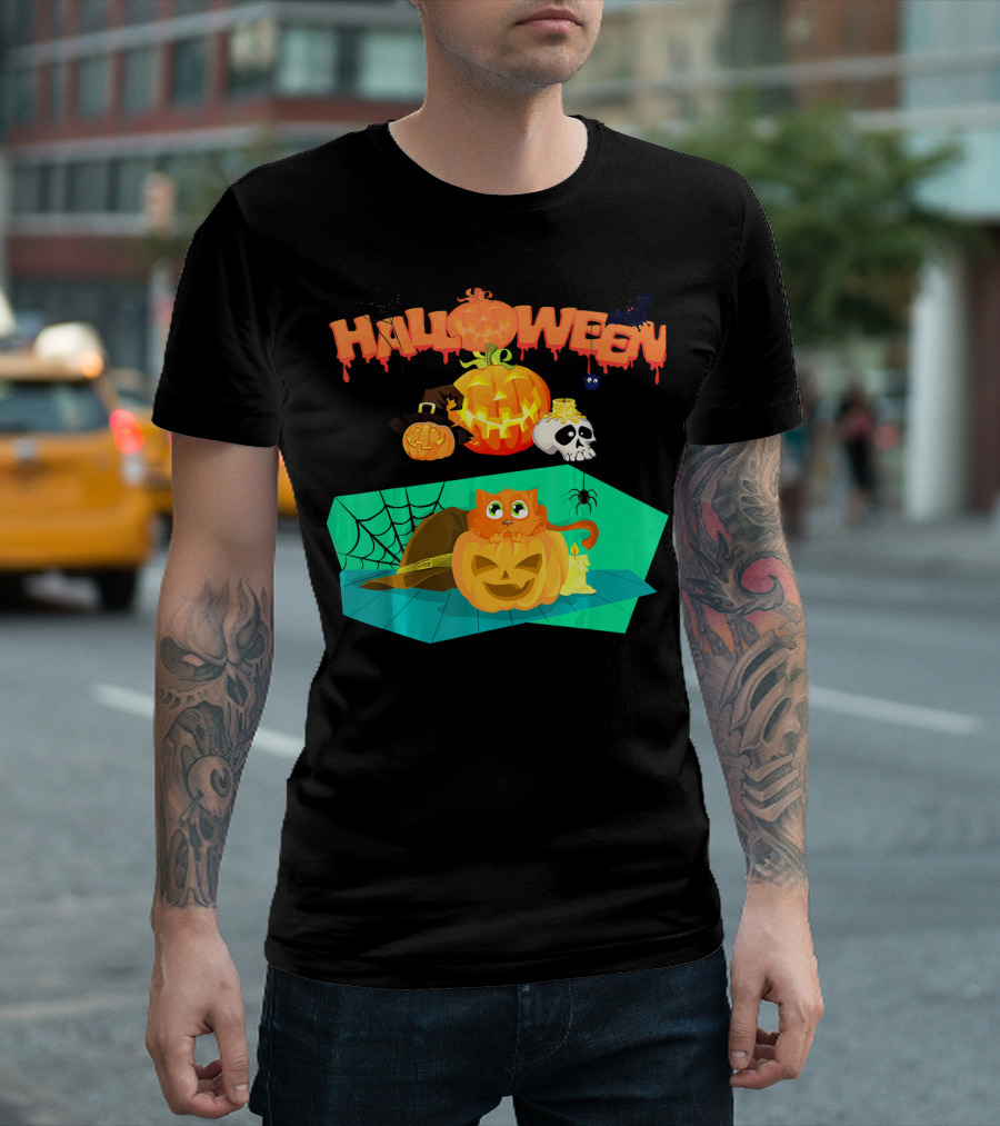 Halloween Orange Cat Kitty Kitten Hiding With Pumpkins And Spiderweb T-Shirt
