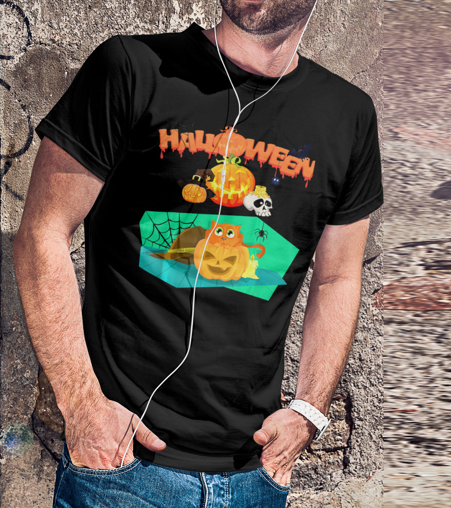 Halloween Orange Cat Kitty Kitten Hiding With Pumpkins And Spiderweb T-Shirt