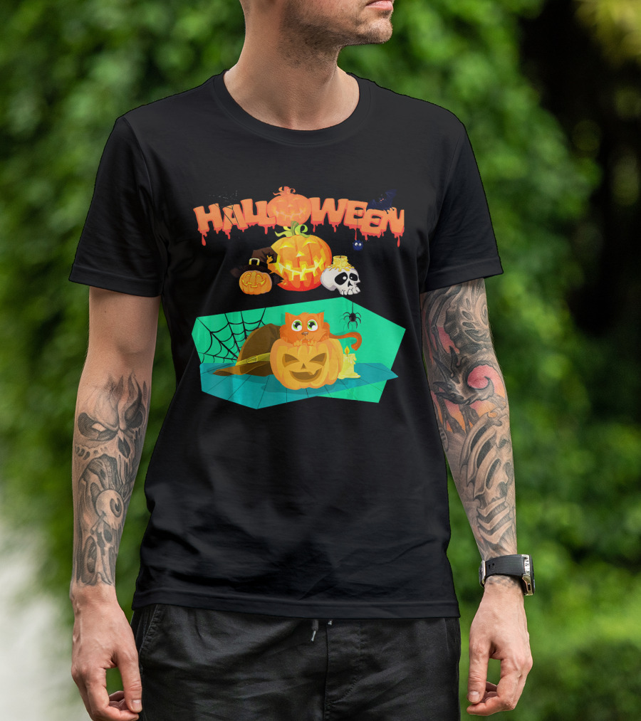 Halloween Orange Cat Kitty Kitten Hiding With Pumpkins And Spiderweb T-Shirt