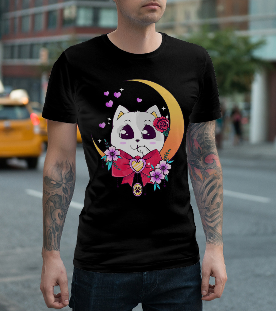 Kawaii Cat Moon Sakura Flowers Anime Nek Hearts Bow Blossoms T-Shirt