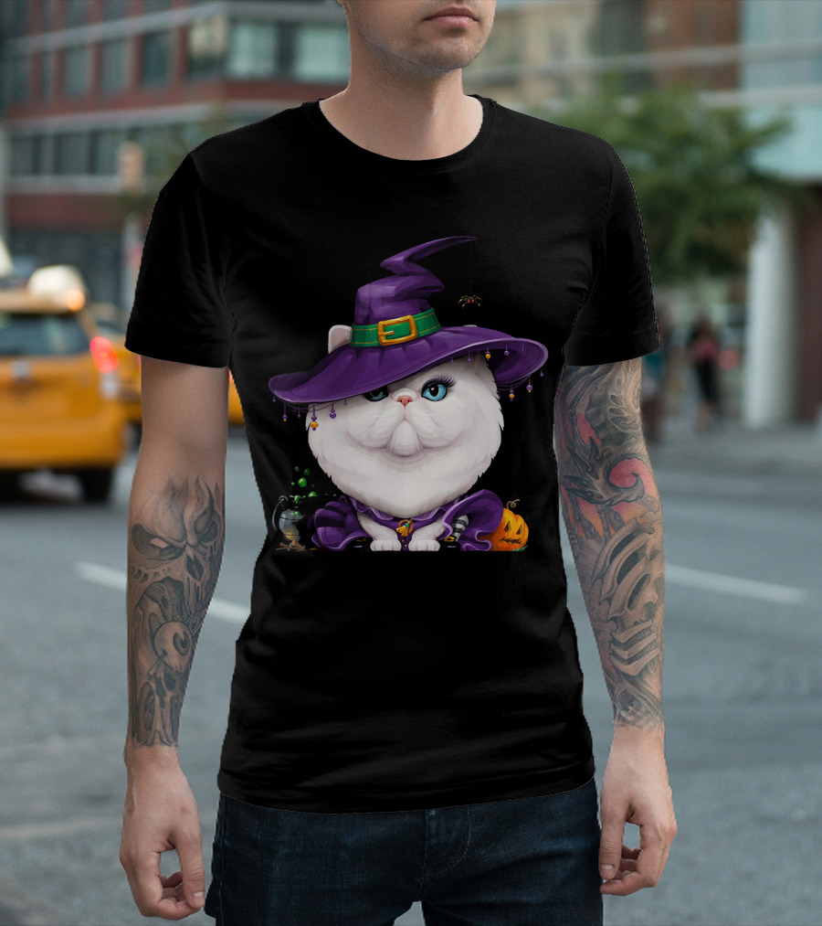White Persian Cat Witch Cauldron Pumpkin Halloween Magic T-Shirt