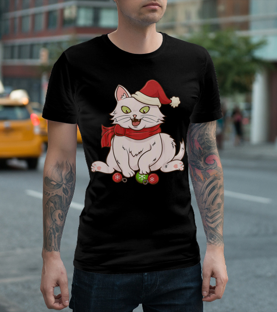 Christmas Cat Santa Kitten Meowy Xmas Scarf Baubles T-Shirt