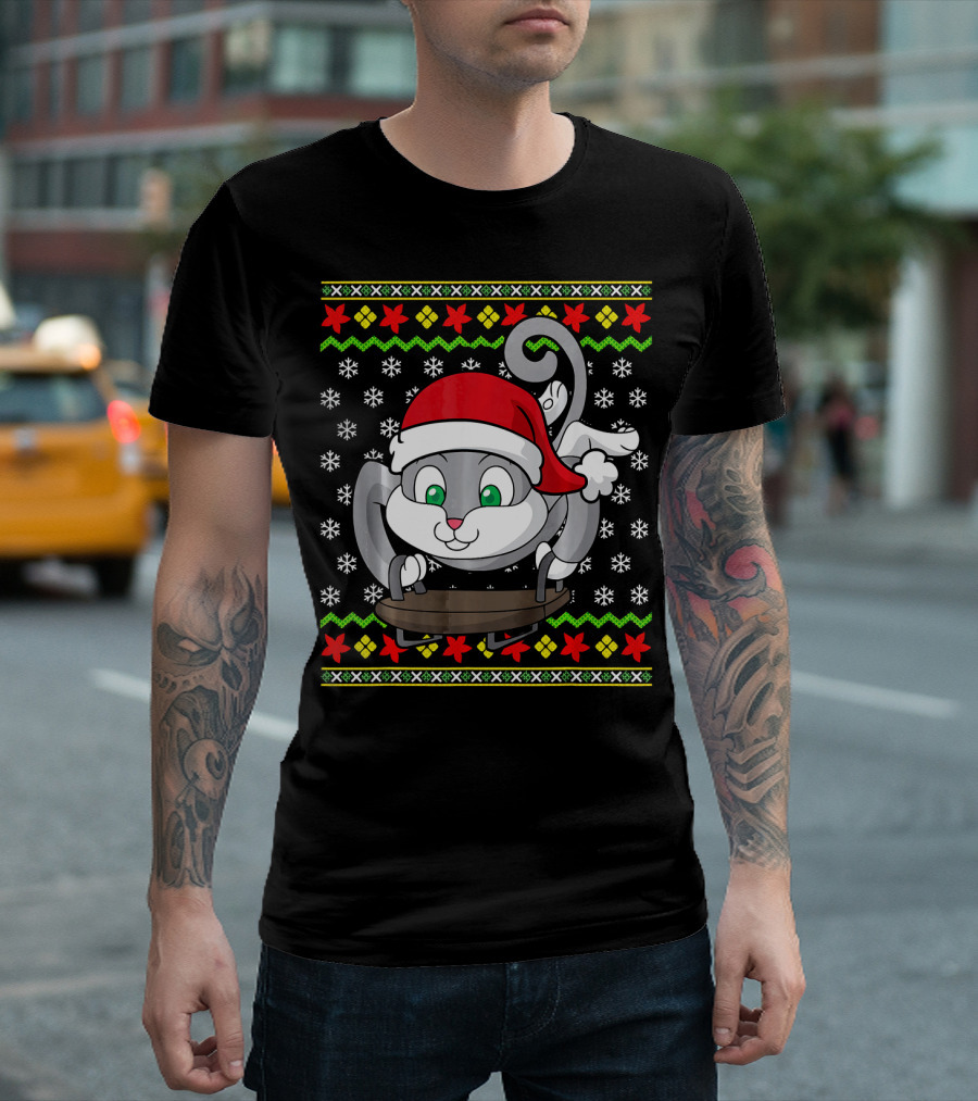 Sledding Cat Ugly Christmas Sweater Santa Hat Snowflakes Holiday T-Shirt