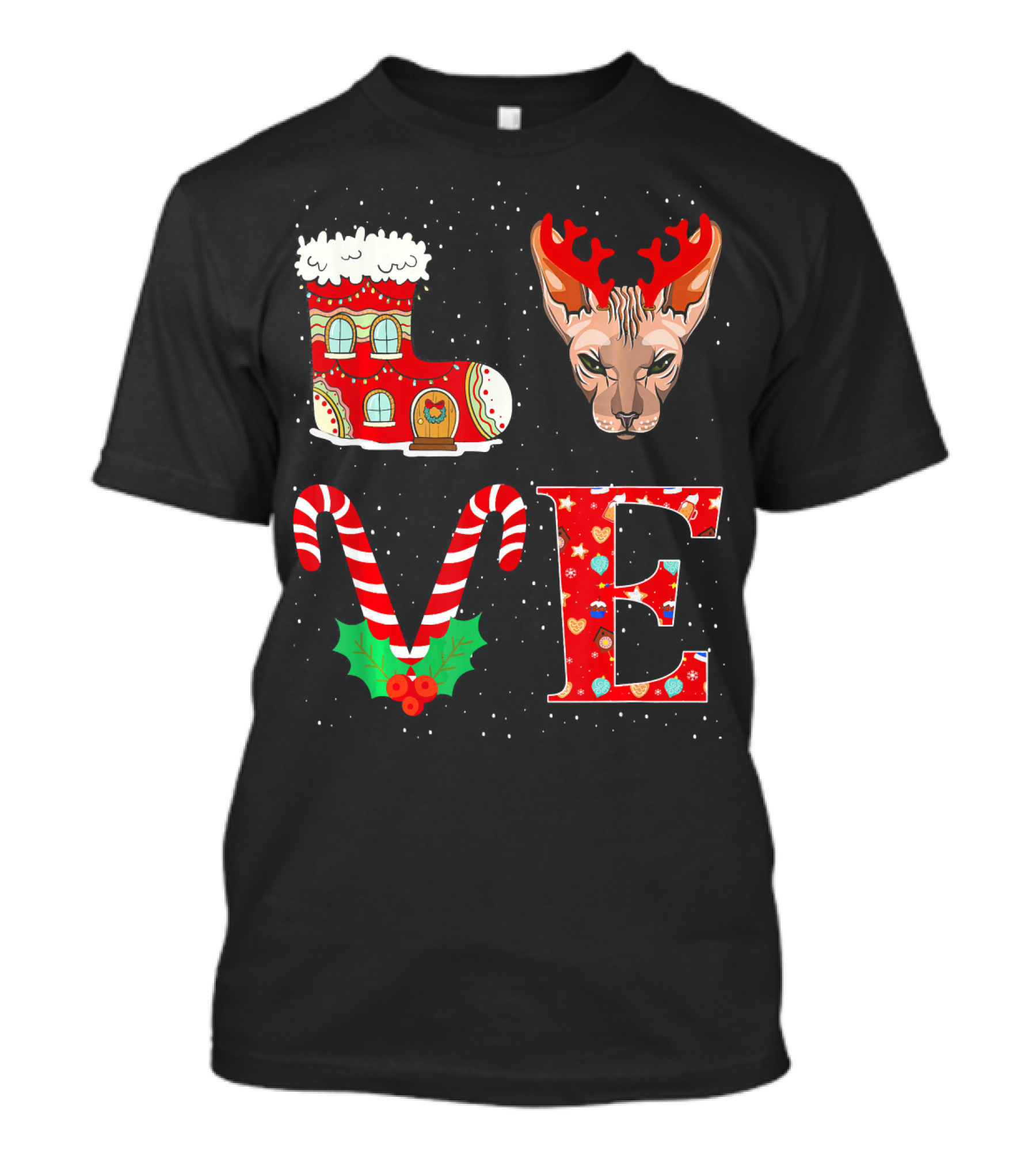 I Love Reindeer Horns Sphynx Cat Christmas Candy Cane Boot T-Shirt