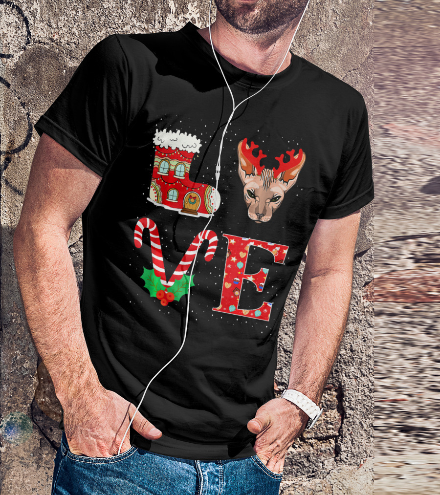 I Love Reindeer Horns Sphynx Cat Christmas Candy Cane Boot T-Shirt