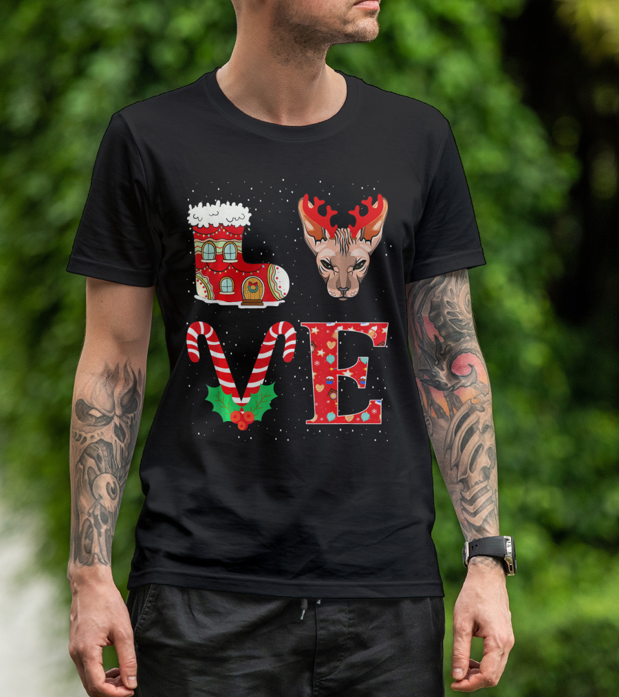 I Love Reindeer Horns Sphynx Cat Christmas Candy Cane Boot T-Shirt