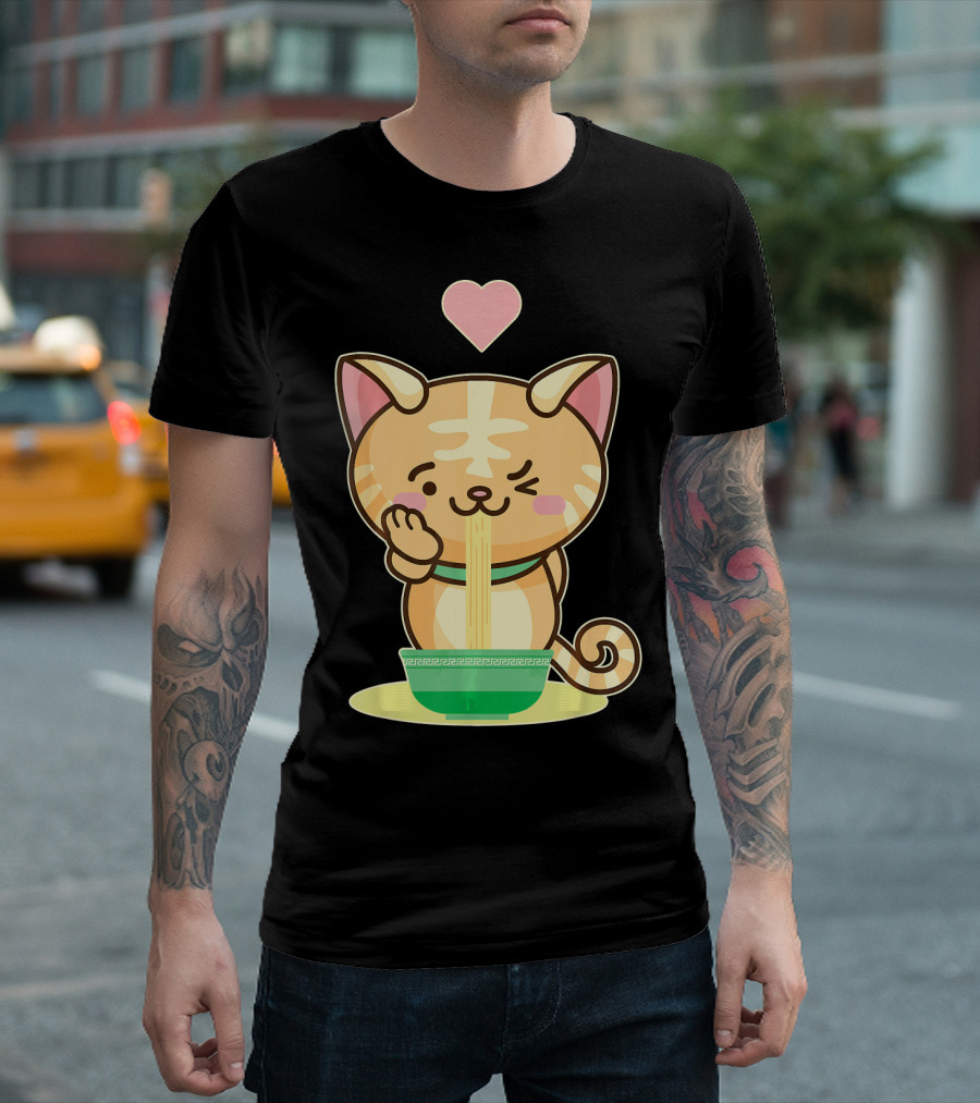 Kawaii Kitty Eating Ramen Noodles With Heart T-Shirt