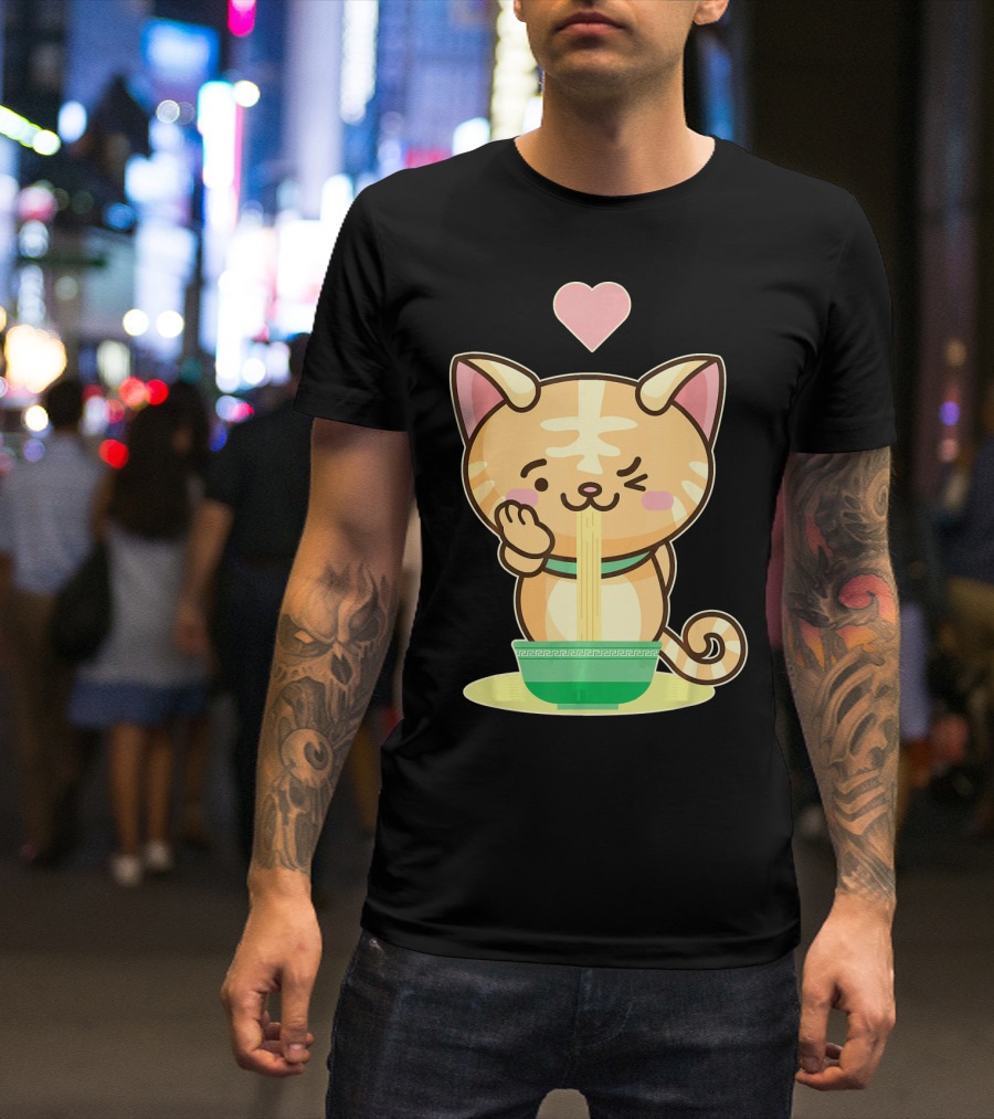 Kawaii Kitty Eating Ramen Noodles With Heart T-Shirt
