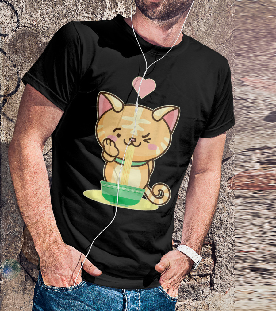 Kawaii Kitty Eating Ramen Noodles With Heart T-Shirt
