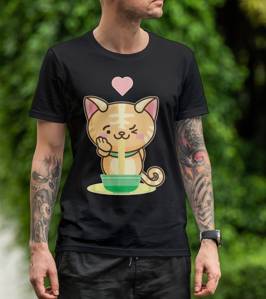 Kawaii Kitty Eating Ramen Noodles With Heart T-Shirt