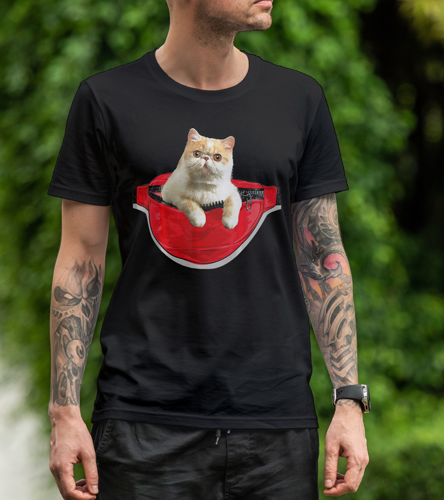 Exotic Shorthair Cat In Red Waist Pack Novelty Fashion T-Shirt