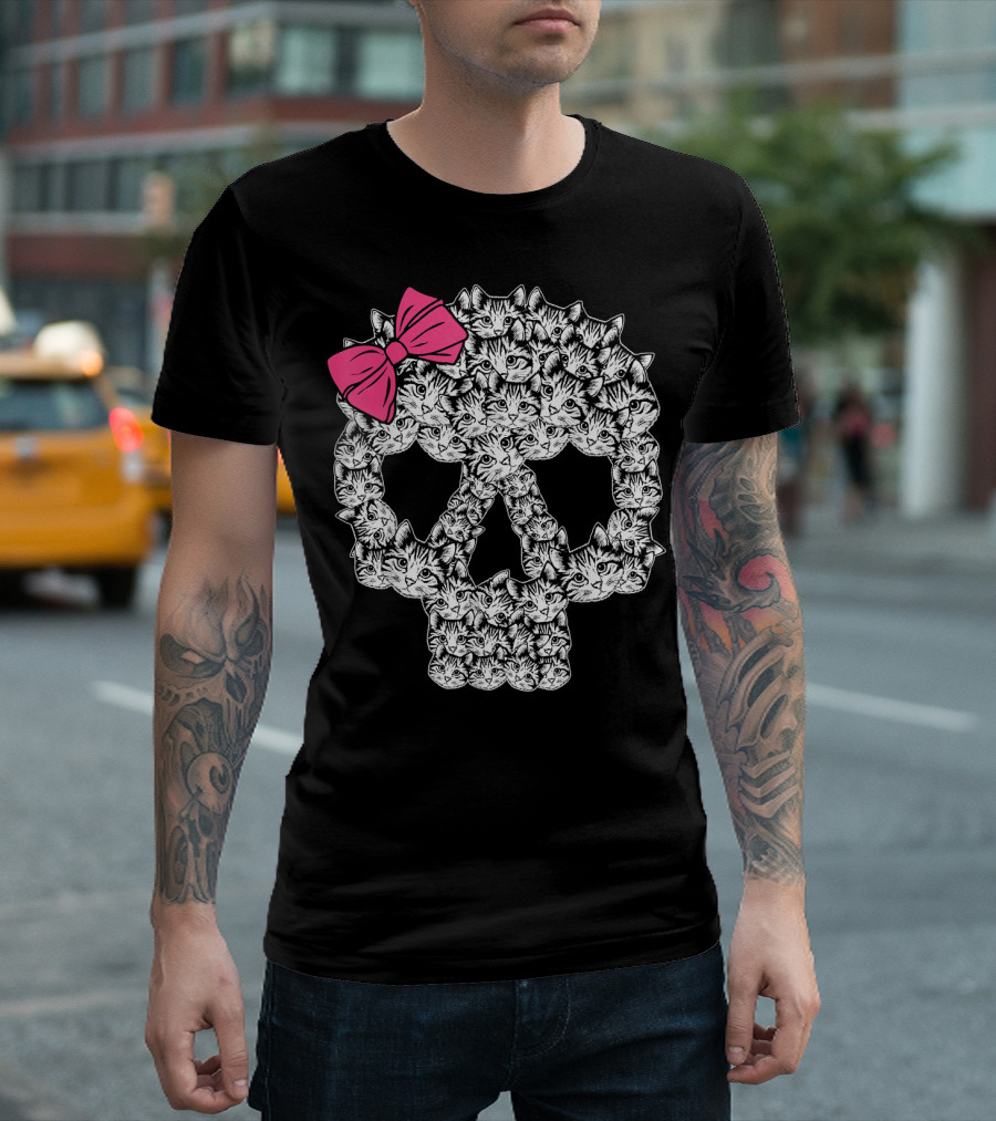Cat Kitten Skull With Pink Bow Gothic T-Shirt