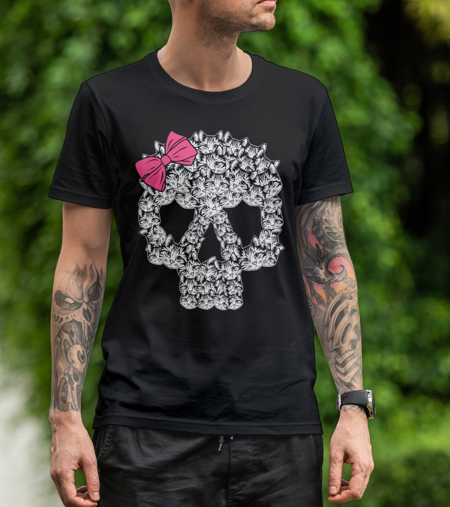 Cat Kitten Skull With Pink Bow Gothic T-Shirt
