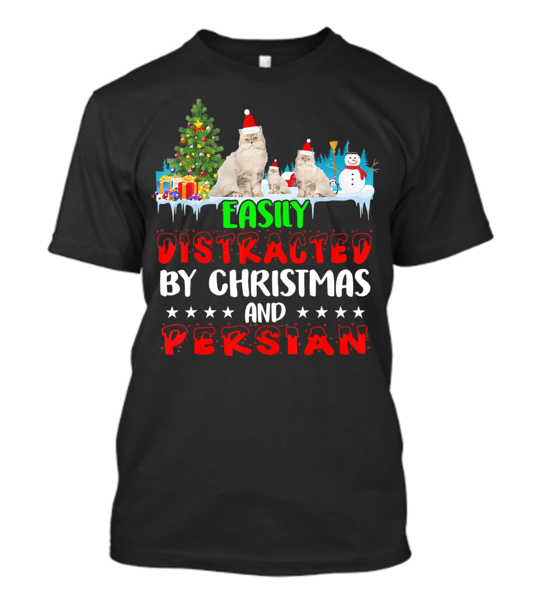 Easily Distracted By Christmas And Persian Cats With Tree And Snowman T-Shirt