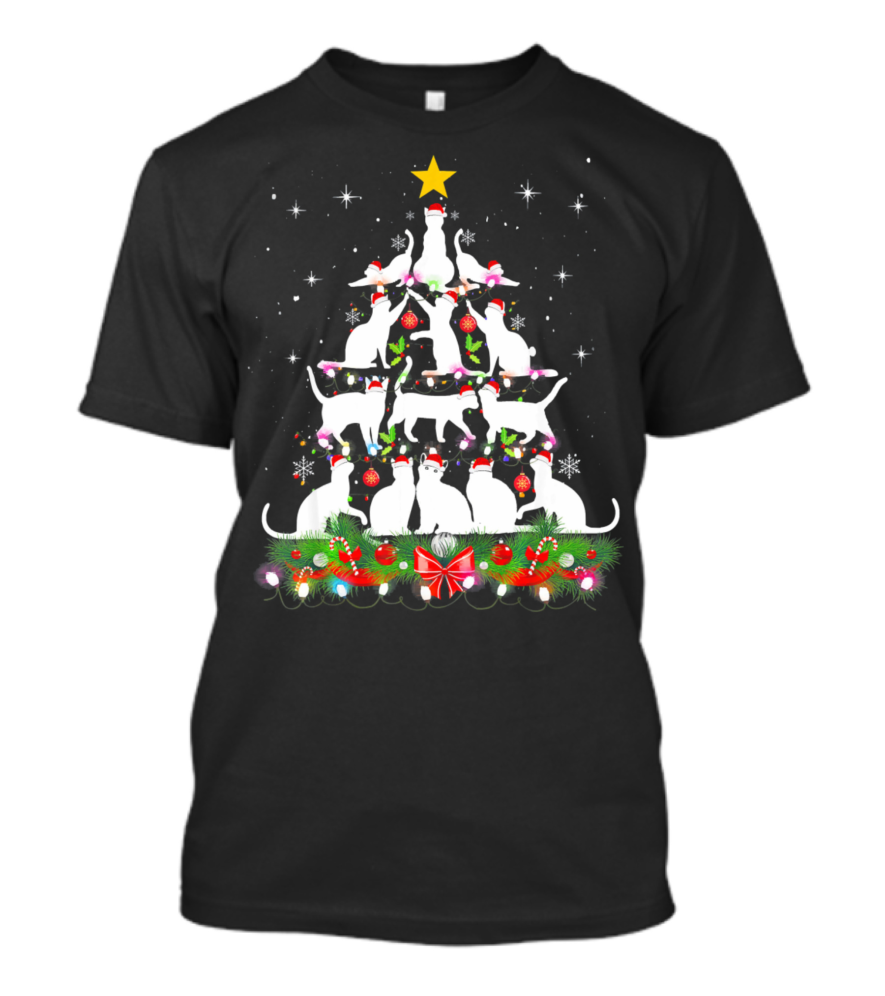 Funny Cats Christmas Tree Lights Snowflakes Star T-Shirt