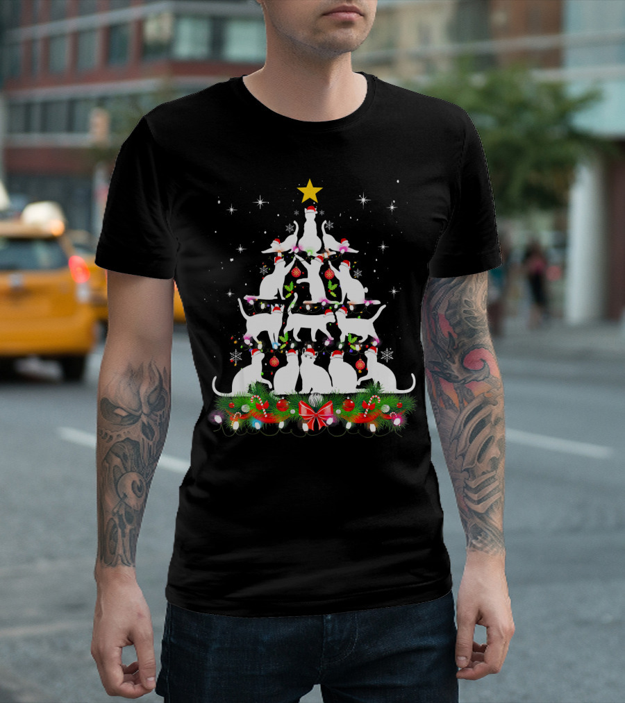 Funny Cats Christmas Tree Lights Snowflakes Star T-Shirt