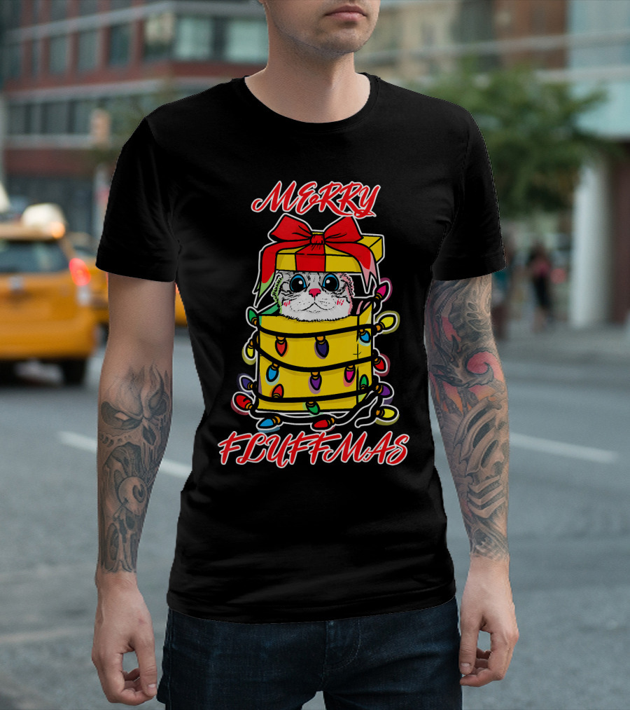 Merry Fluffmas Kitty Wrapped in Christmas Lights and Present Box T-Shirt