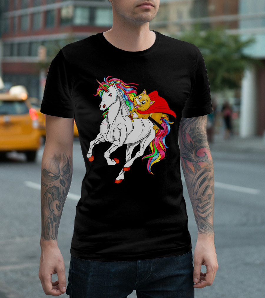 Cat Riding Unicorn Caticorn Kittyc Superhero Adventure T-Shirt