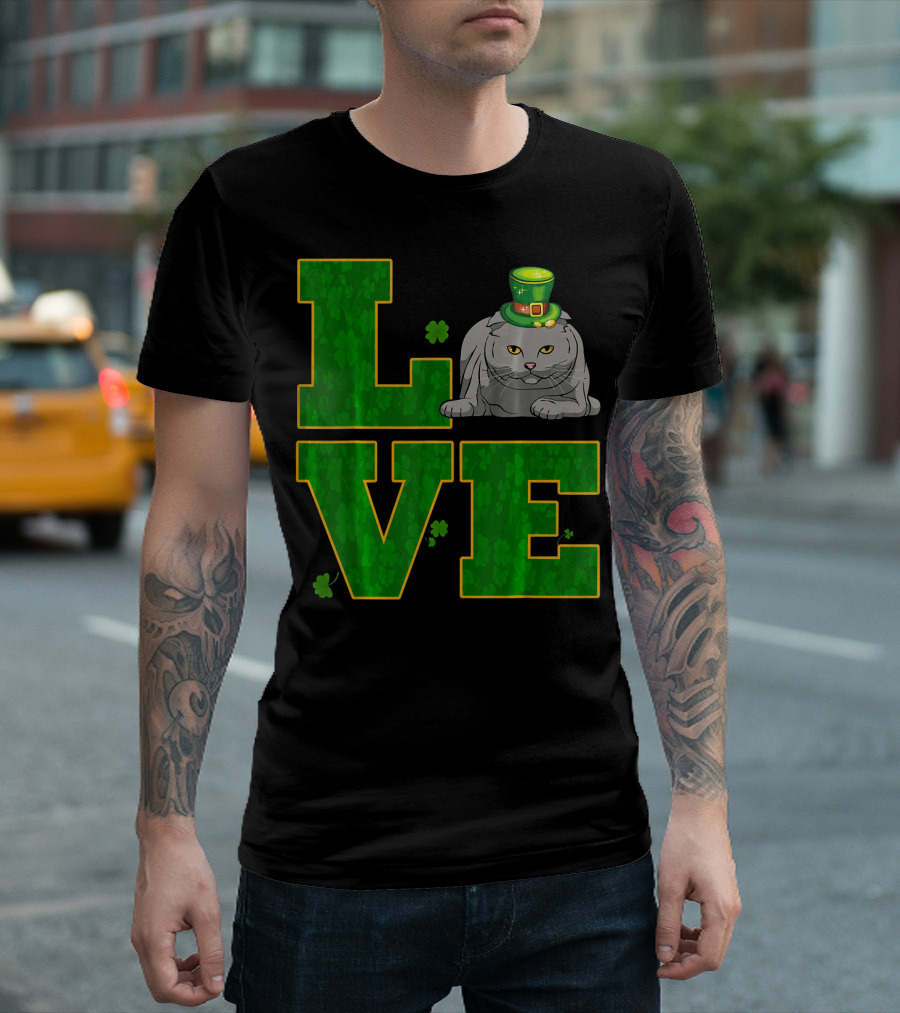 LOVE Scottish Fold Cat Clover Hat St. Patrick's Day T-Shirt