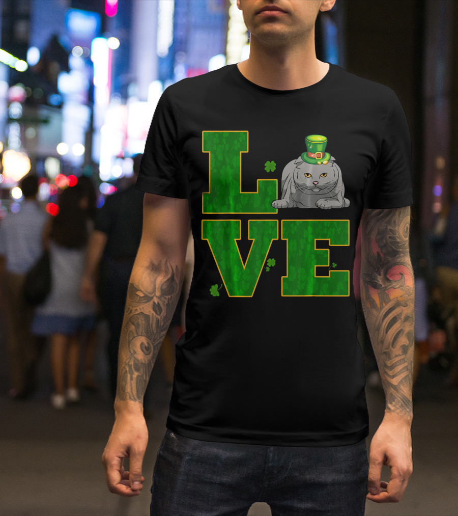LOVE Scottish Fold Cat Clover Hat St. Patrick's Day T-Shirt