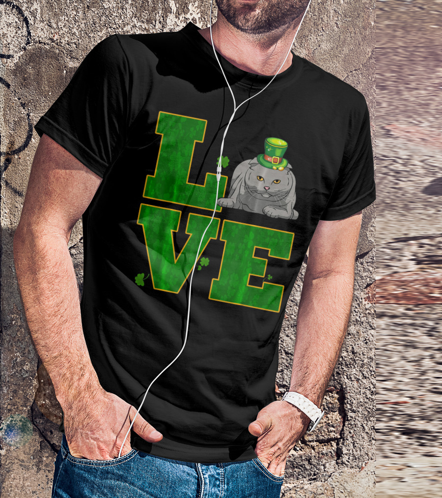 LOVE Scottish Fold Cat Clover Hat St. Patrick's Day T-Shirt