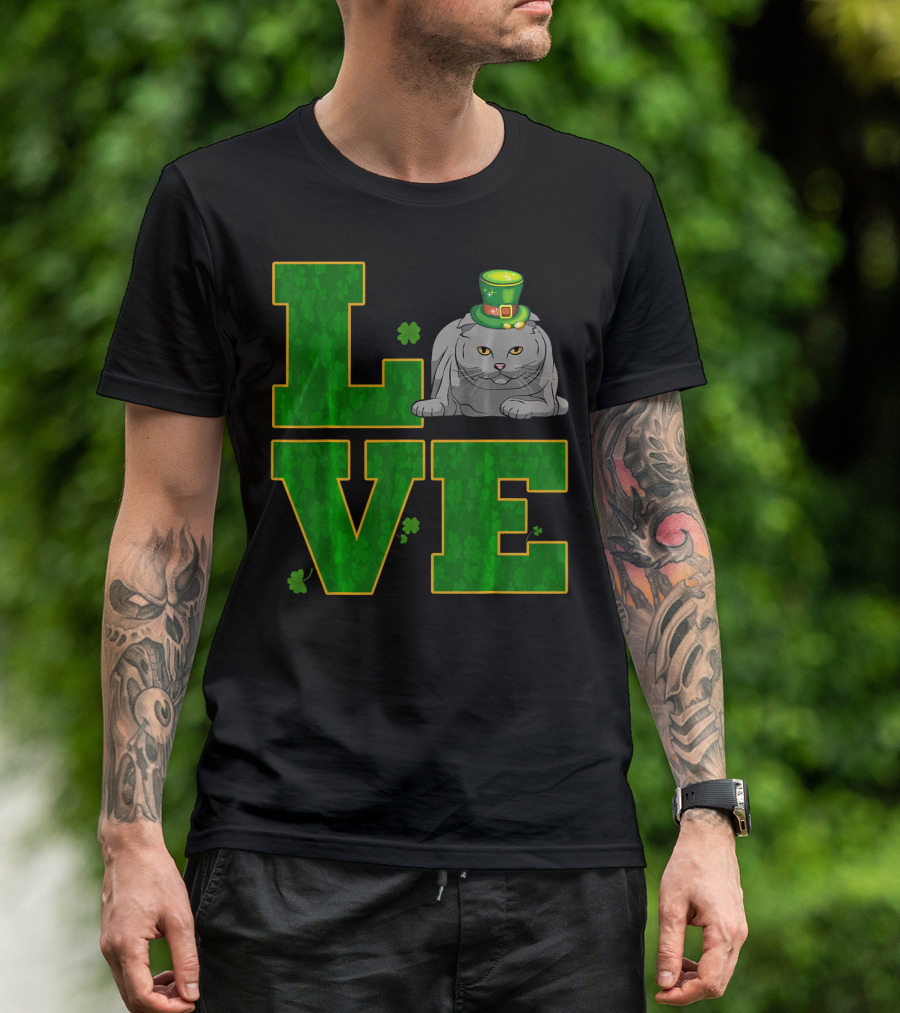 LOVE Scottish Fold Cat Clover Hat St. Patrick's Day T-Shirt