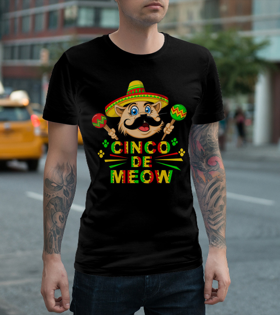 Cinco De Meow Mayo Cool Mexican Cat Kitt Sombrero Maracas T-Shirt