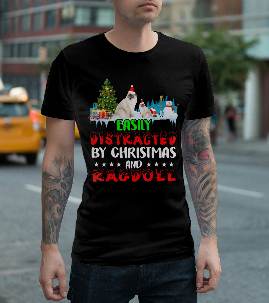 Easily Distracted by Christmas and Ragdoll Cats with Tree and Snowman T-Shirt