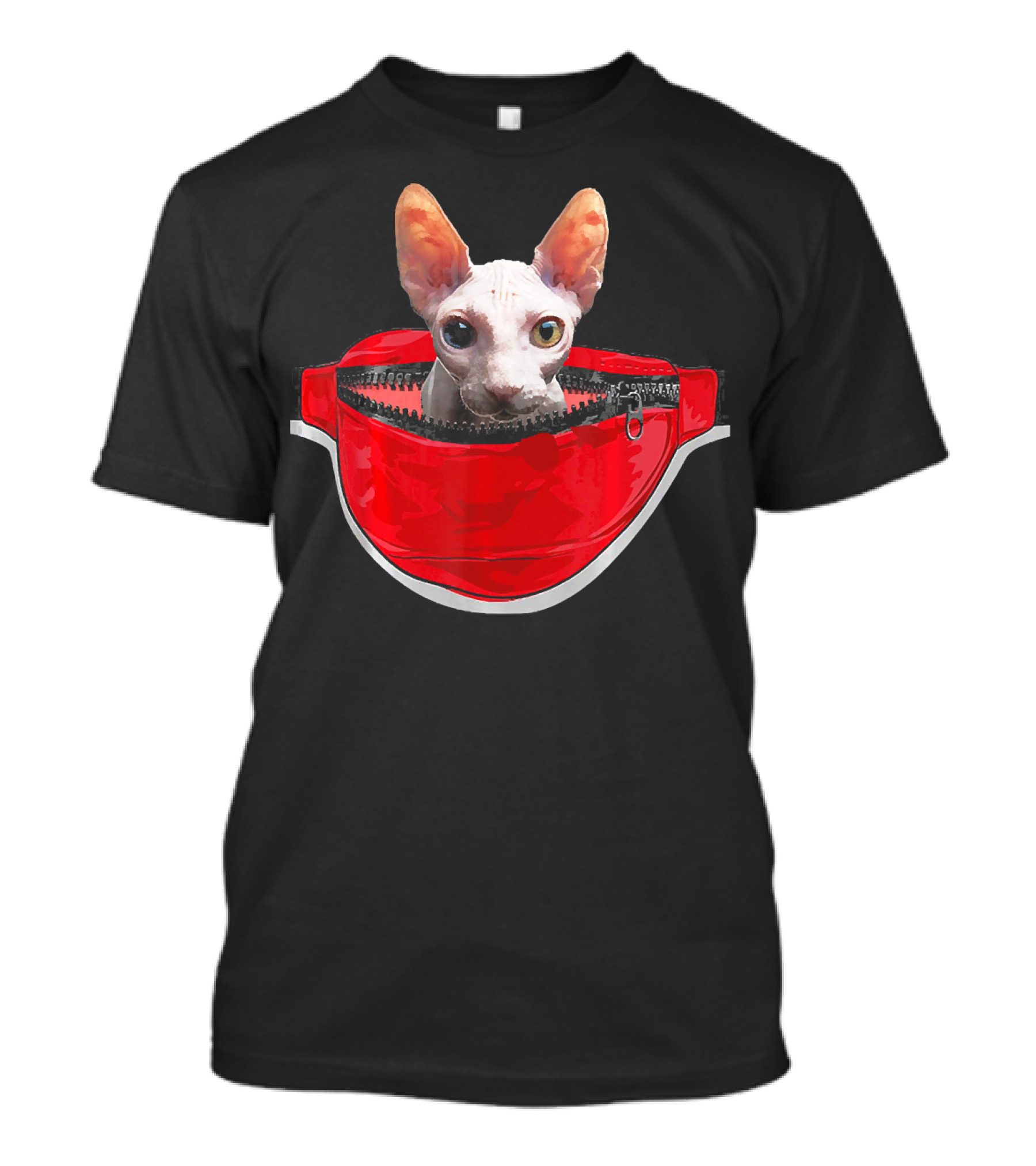 Funny Bambino Cat Peeking From Red Waist Pack Pocket T-Shirt