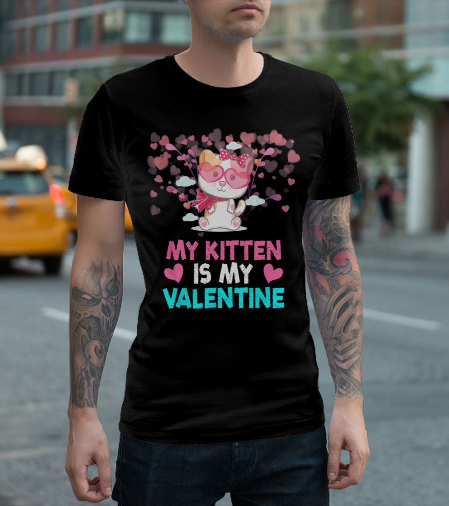 My Kitten Is My Valentine Pink Hearts and Glasses T-Shirt