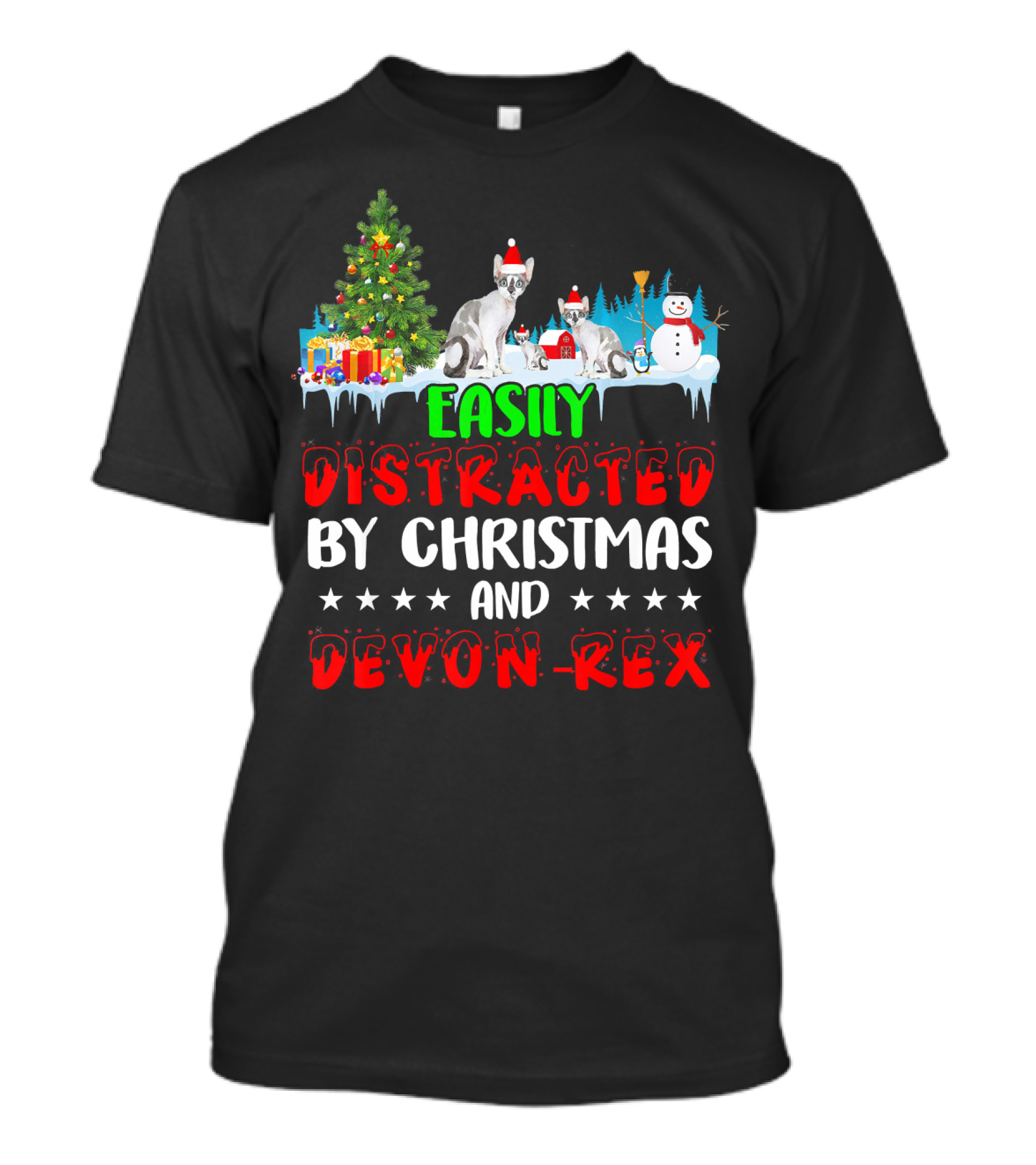 Easily Distracted By Christmas And Devon-Rex Snowman Presents T-Shirt