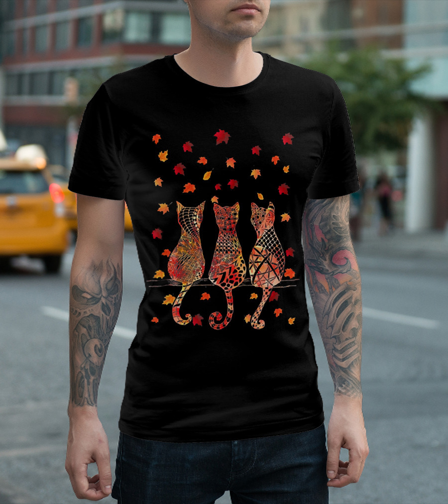 Hello Fall Cute Cat Kitten Autumn Leaves T-Shirt