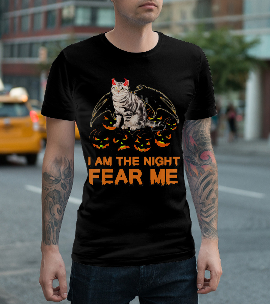 I Am The Night Fear Me Funny Ben Devil Cat with Bat Wings and Pumpkins T-Shirt