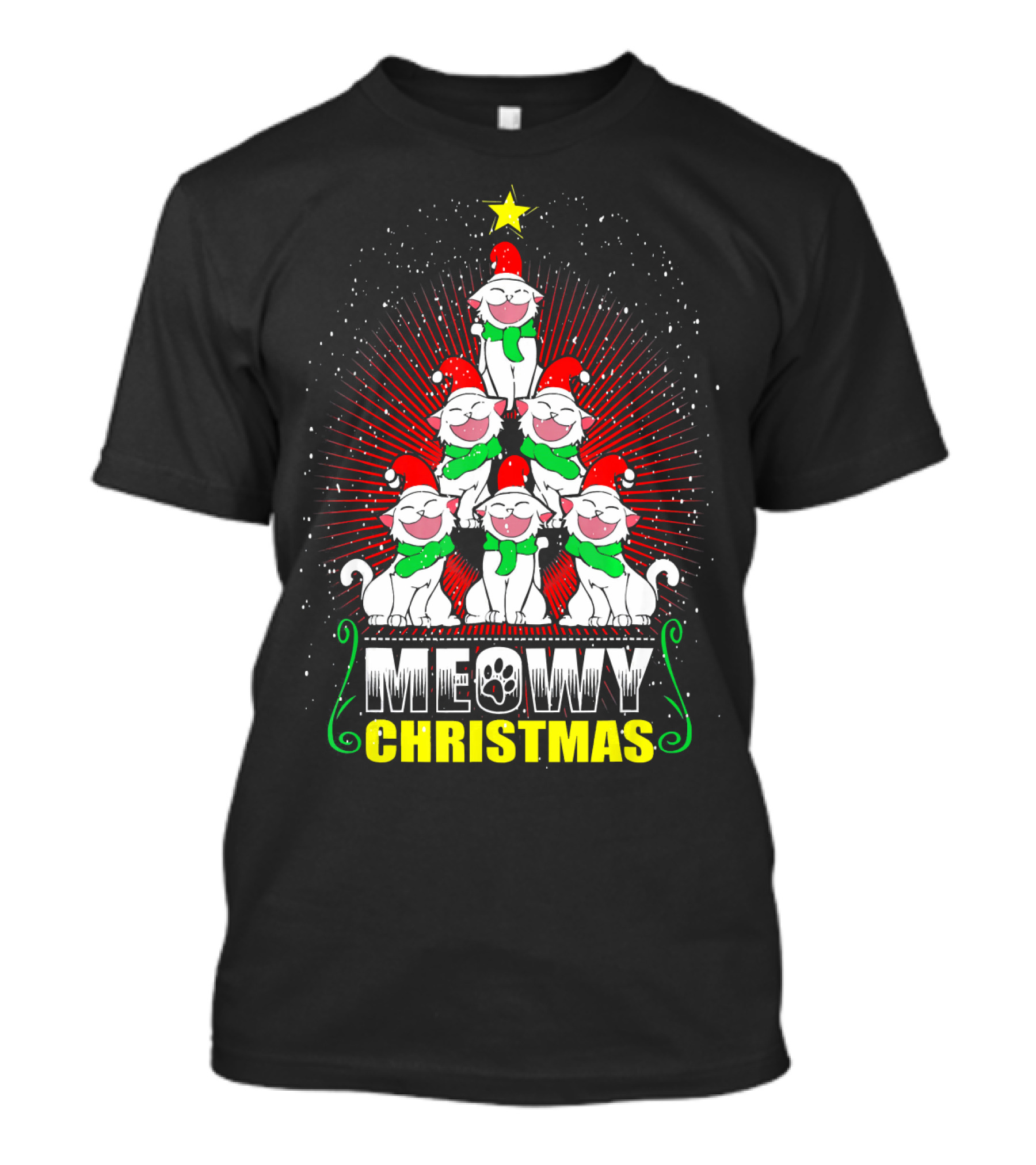 Meowy Christmas Cats In Santa Hats Holiday Tree T-Shirt