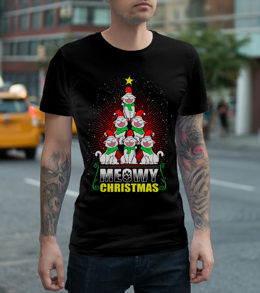Meowy Christmas Cats In Santa Hats Holiday Tree T-Shirt