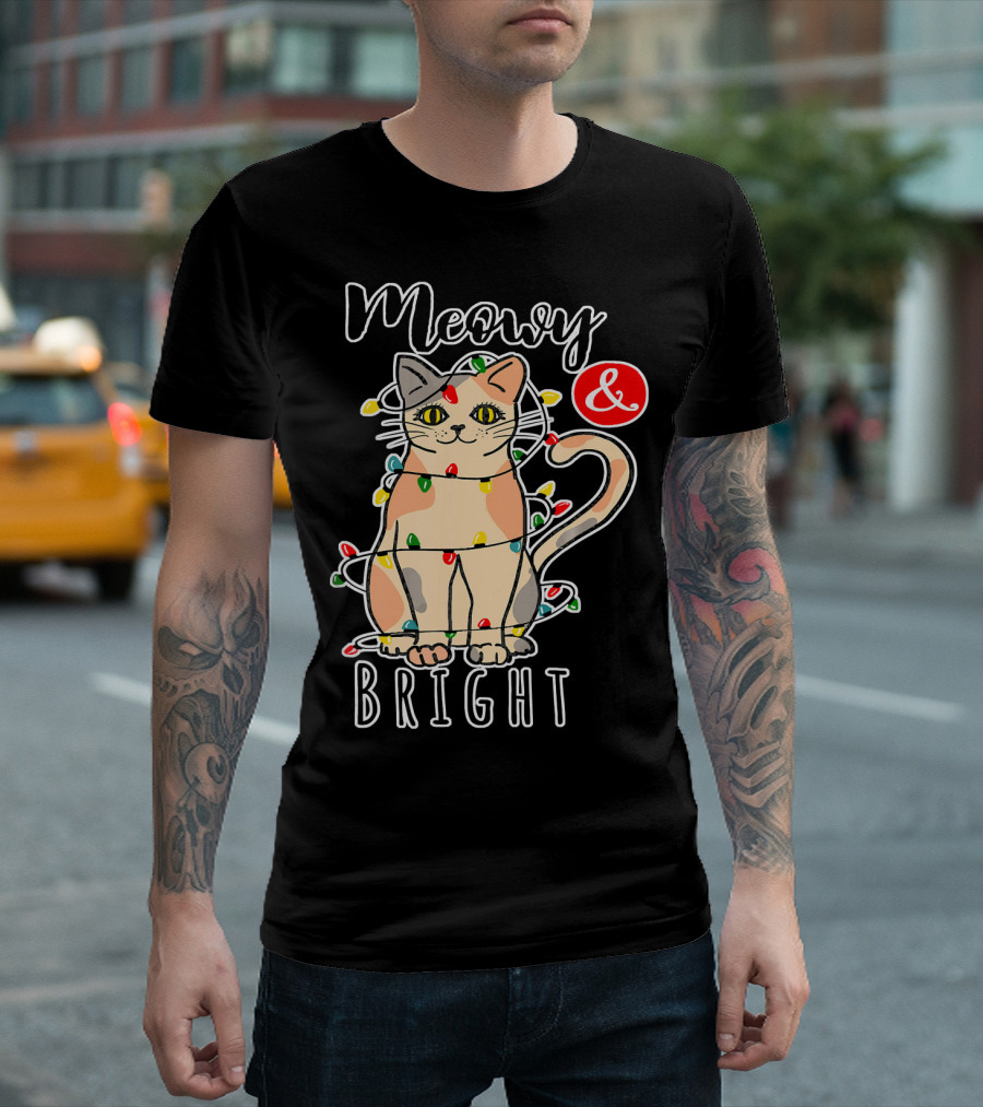 Meowy And Bright Funny Christmas Cat With Lights T-Shirt
