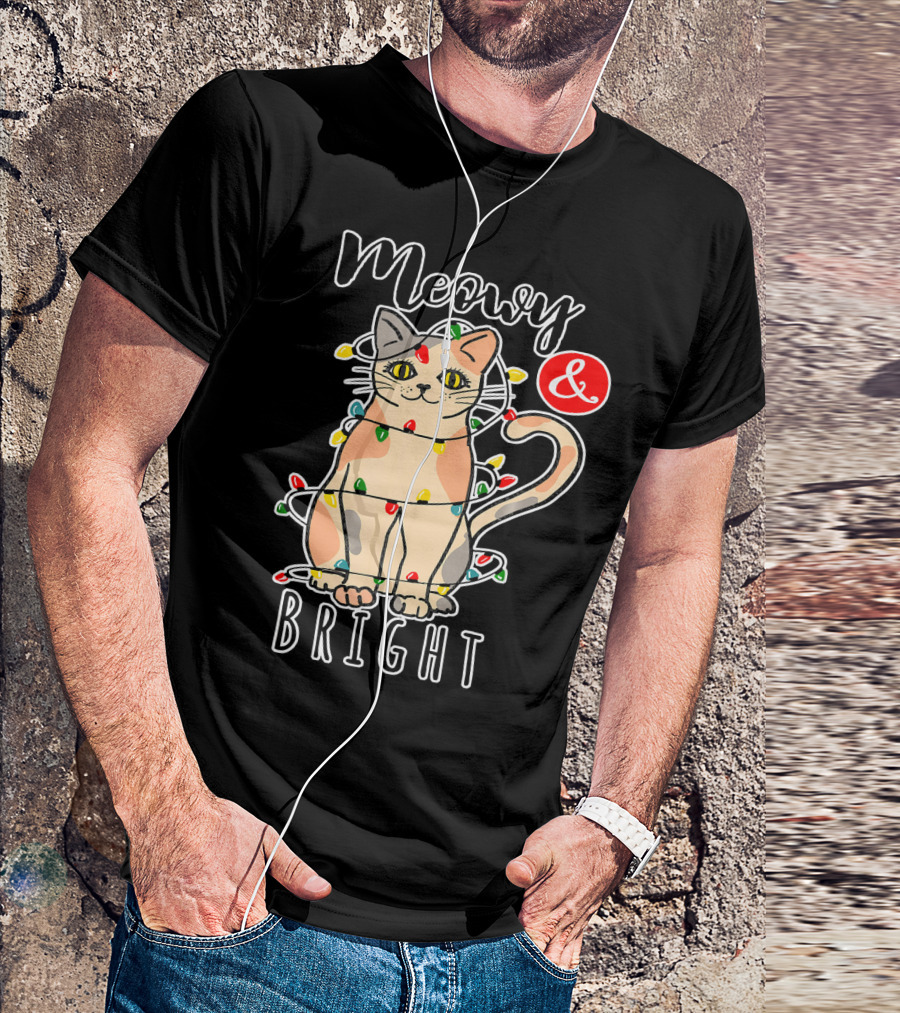 Meowy And Bright Funny Christmas Cat With Lights T-Shirt
