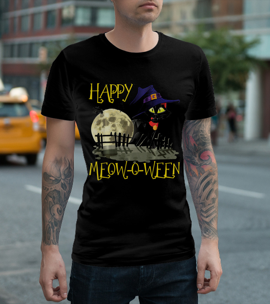 Happy Meow-O-Ween Black Cat Witch Hat Moon T-Shirt