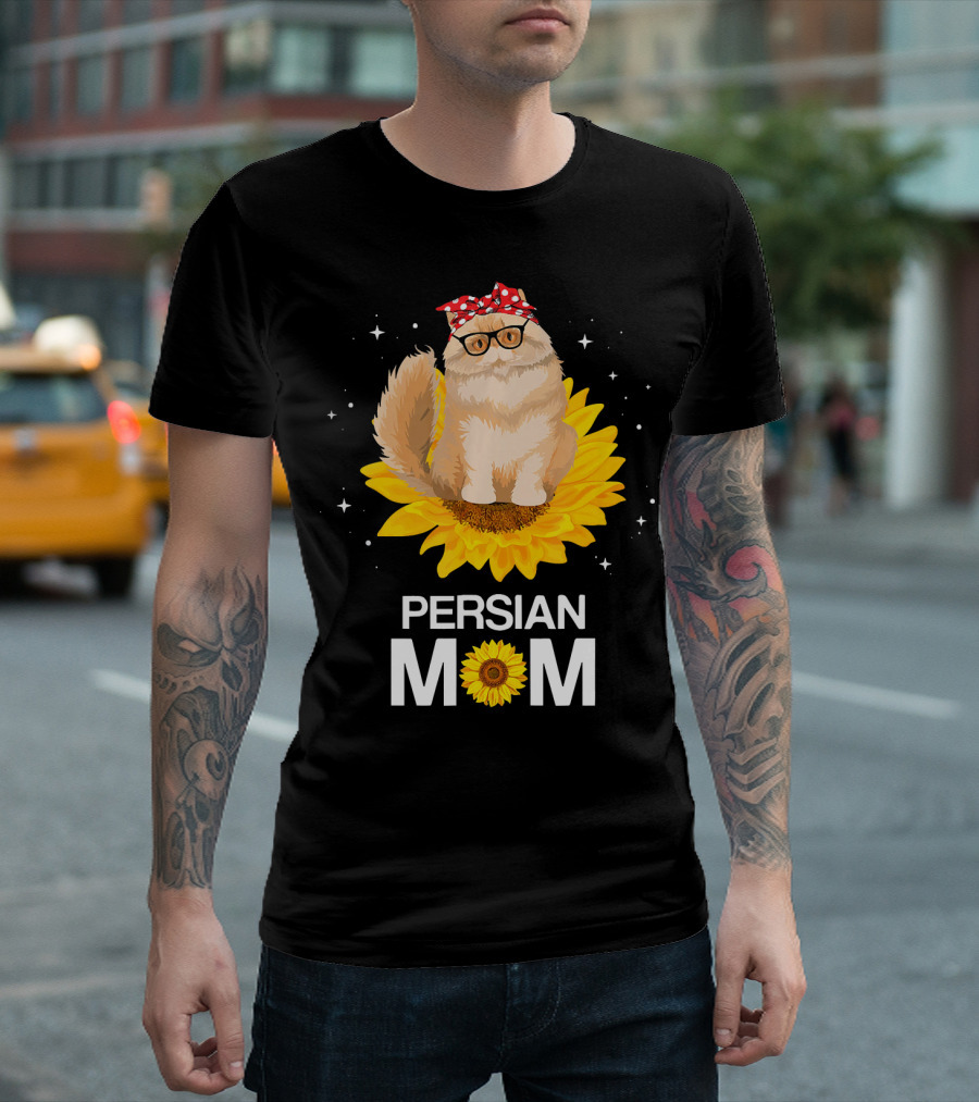 Persian Mom Cat on Sunflower Wearing Glasses and Red Polka Dot Headscarf T-Shirt