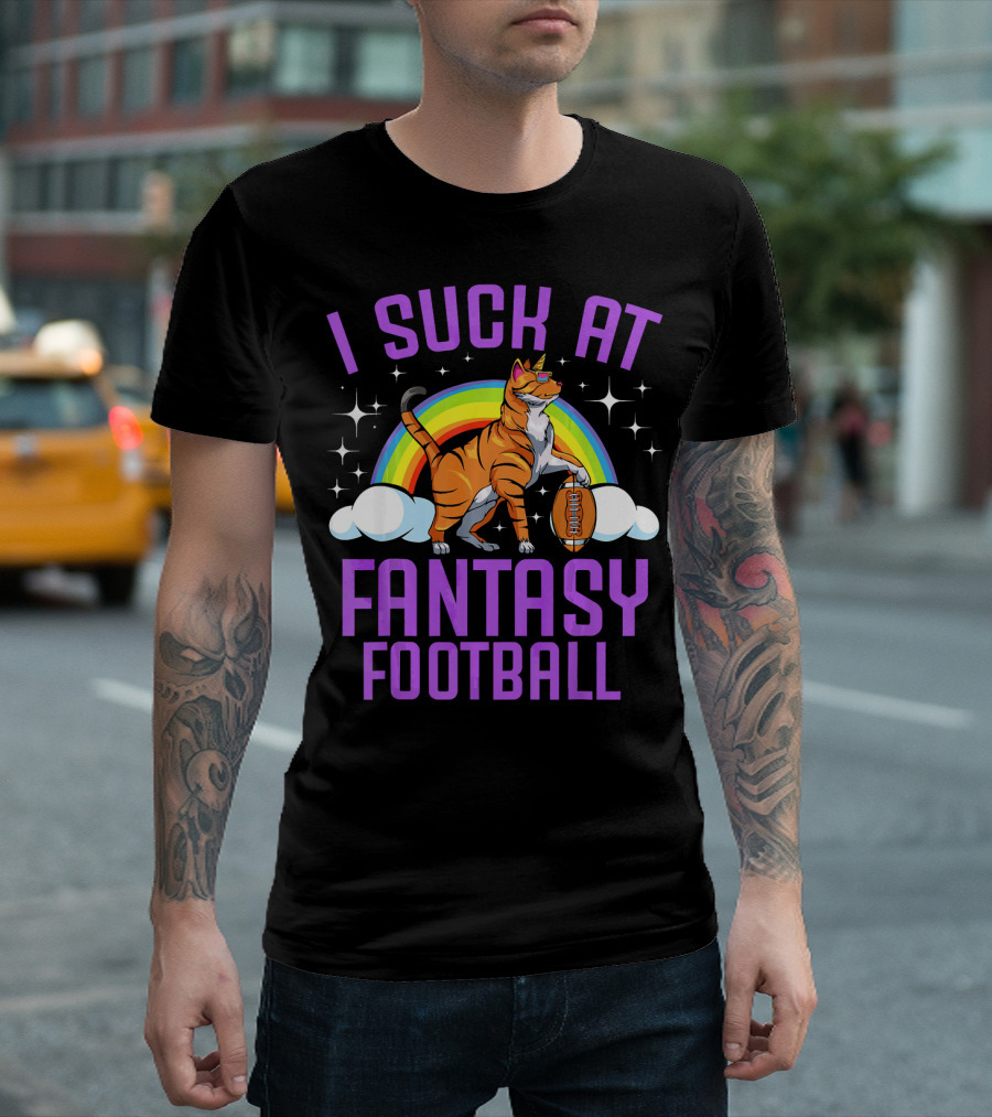 I Suck At Fantasy Football Orange Cat Rainbow Clouds Stars T-Shirt