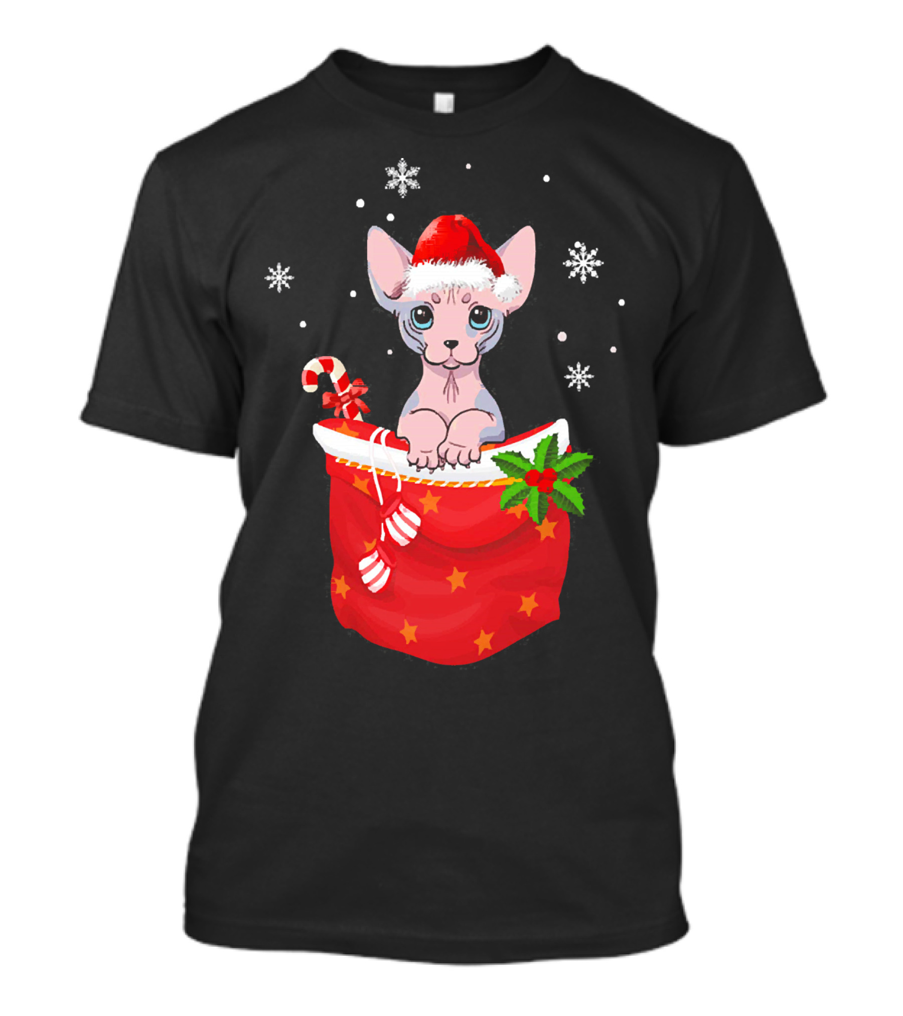 Sphynx Cat Wearing Santa Hat In Christmas Stocking With Candy Cane And Snowflakes T-Shirt