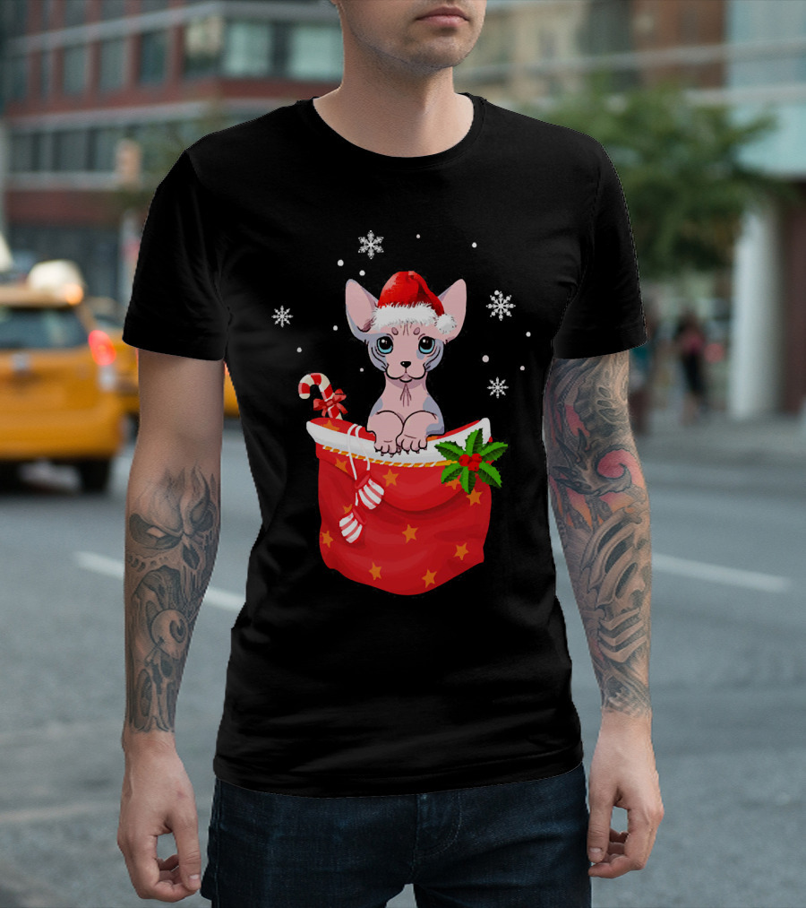 Sphynx Cat Wearing Santa Hat In Christmas Stocking With Candy Cane And Snowflakes T-Shirt