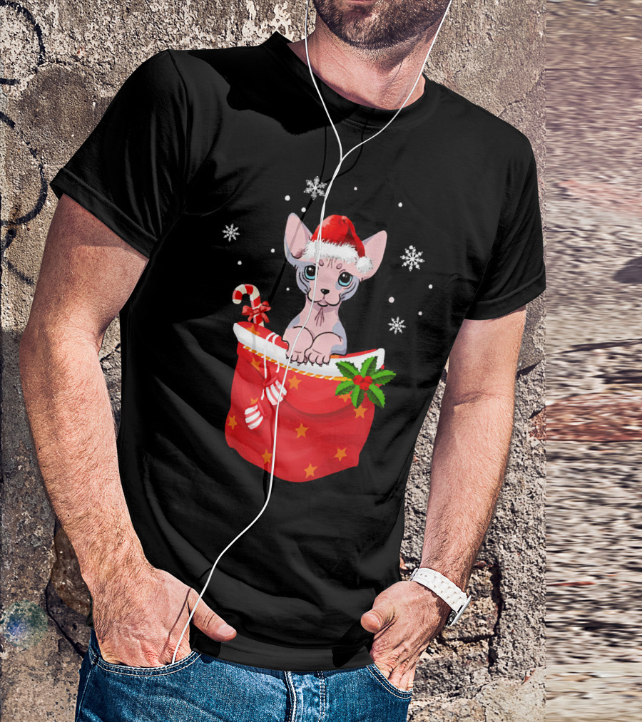 Sphynx Cat Wearing Santa Hat In Christmas Stocking With Candy Cane And Snowflakes T-Shirt