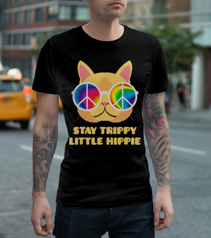 Stay Trippy Little Hippie Vintage Peace Cat with Rainbow Glasses T-Shirt